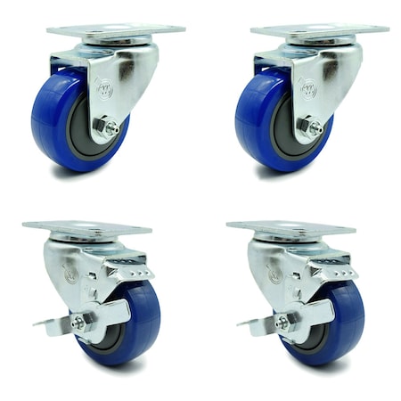 Service Caster 3 Inch Blue Polyurethane Wheel Swivel Top Plate Caster Set with 2 Brakes SCC SCC-20S314-PPUB-BLUE-2-TLB-2